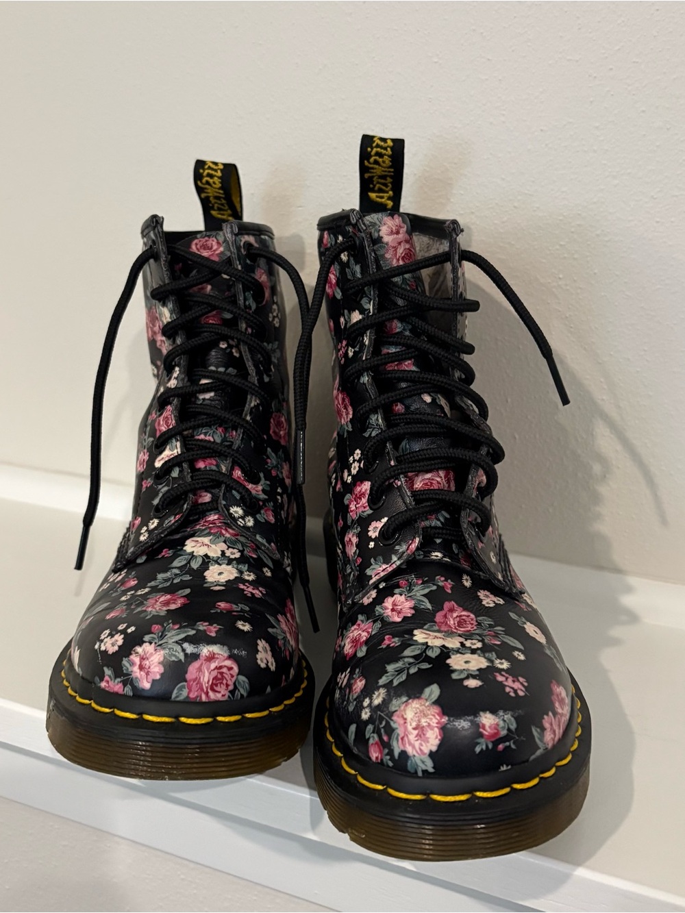 DR DOC MARTENS 1460 Lace Up Black Rose Floral Ankle Boots 5